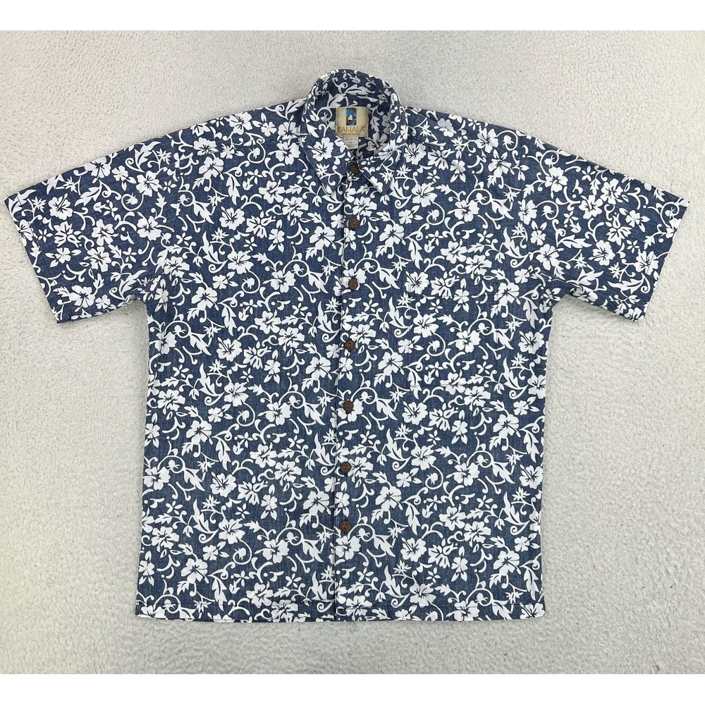 Kahala Hawaiian Shirt Men's Medium Blue Floral Short Sleeve Button Up Hawaii USA